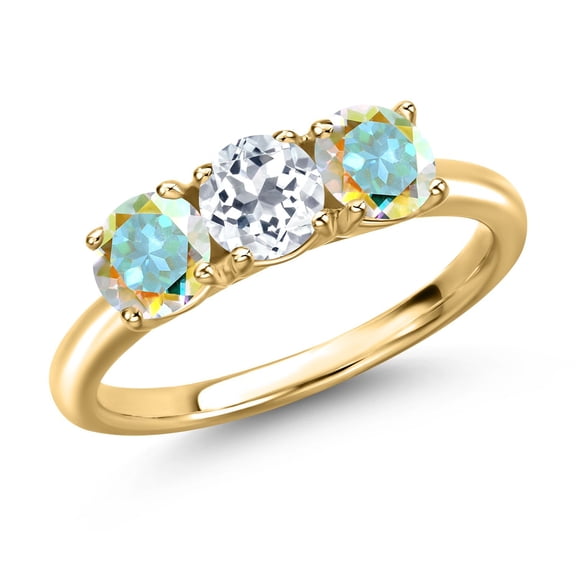 Gem Stone King 18K Yellow Gold Plated Silver White Topaz and Mercury Mist Mystic Topaz Engagement Ring for Women | 1.70 Cttw | Round 5MM | Gemstone November Birthstone | Size 8