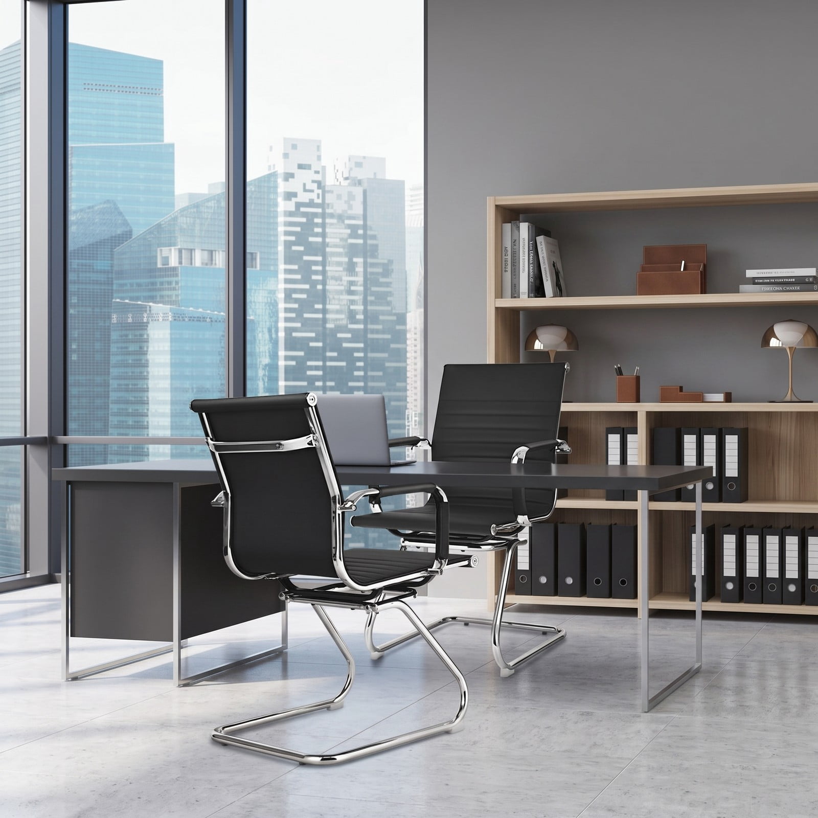 Furnibear Set of 2 Heavy Duty Conference Chair with PU Leather, Ergonomic Guest Reception Chair with Sled Base and Armrests for Office Home Waiting Room, Black