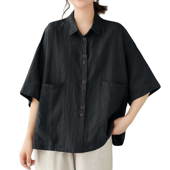 Button Up Shirt Women Half Sleeve Cotton Linen Loose Artistic Casual Shirt Tops Summer Tops