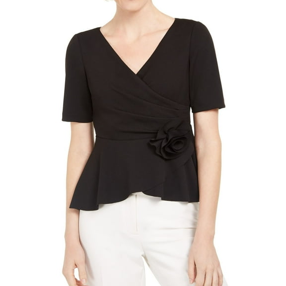Adrianna Papell Womens Rosette Trim Peplum Blouse, Black, Petite, 8P