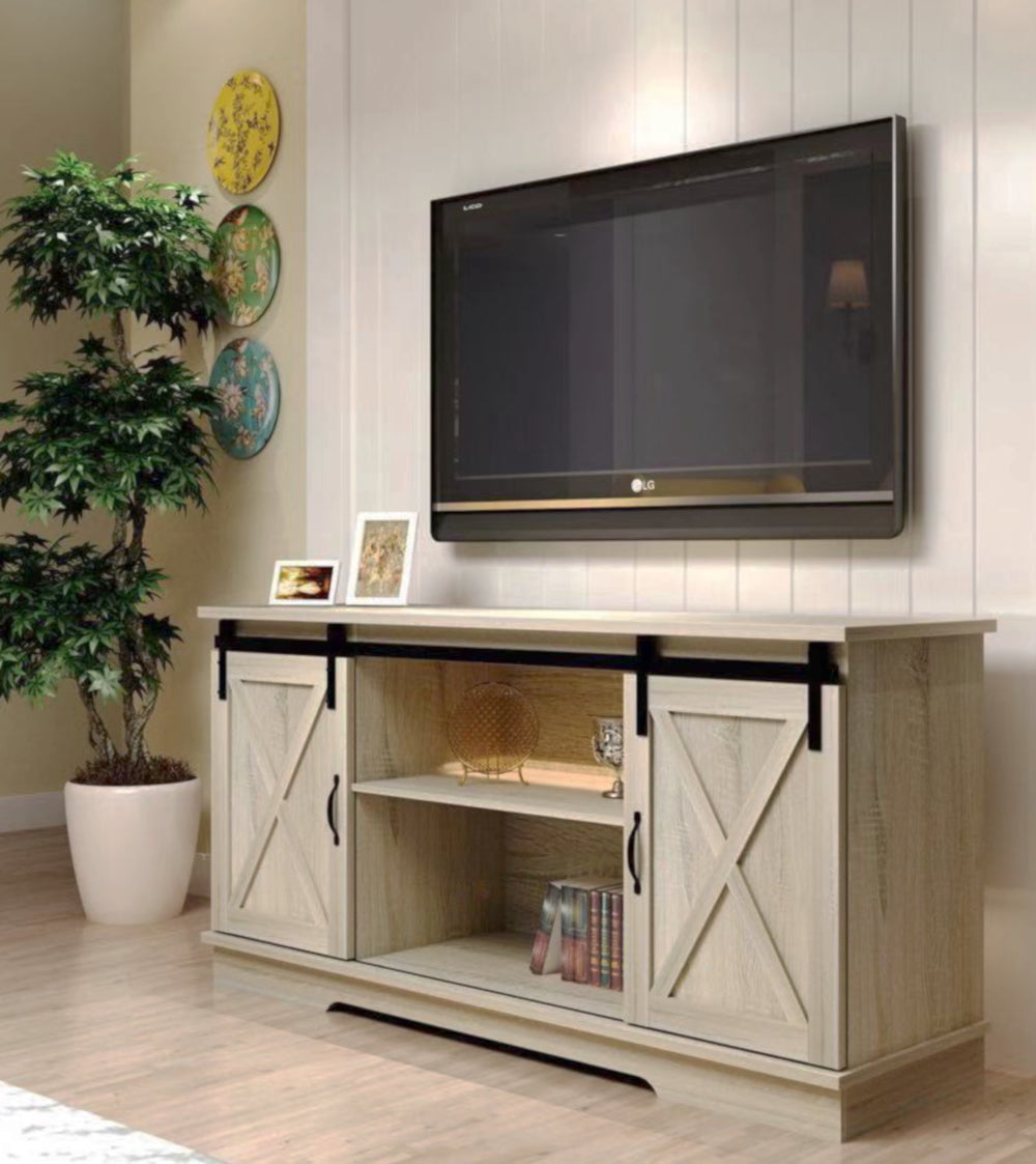 Farmhouse TV Stand for TVs Up to 65 Inch with Sliding Barn Doors and Adjustable Shelves, White Oak