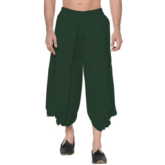 eloria Men's Dhoti Indian Men's Rayon Dhoti Aladdin Style Pants, Color: Dark Green | Free Size