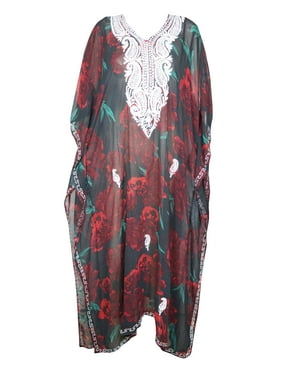Mogul Women Luxury Loose Kaftan Plus Size Beach Caftan Floral Embroidered Sheer Kaftan Dress