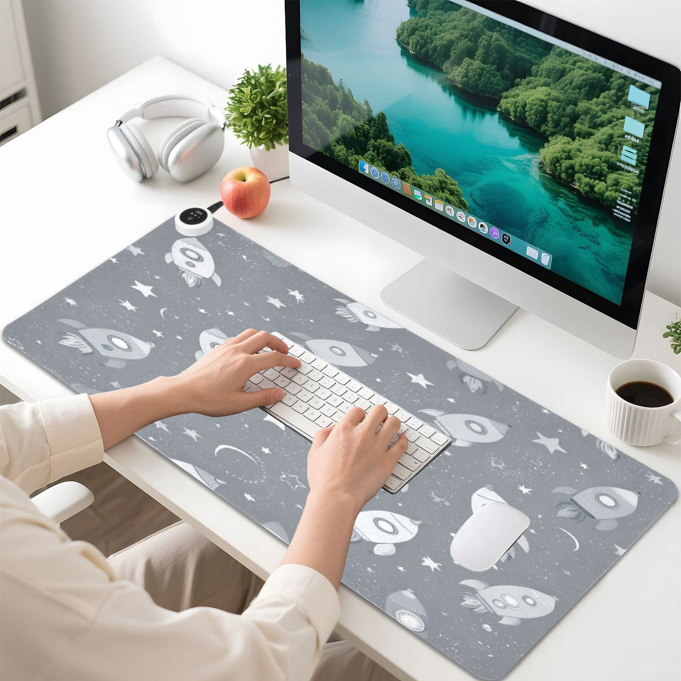 Large Heated Desk Mat Mouse Pad 31.5"x13"PU Leather Graphene Heating Desk Warmer with 3 Temperature Settings 110V US Plug Non-Slip Warm Pad for Home, Office, and Gaming Grey Space Rocket Print