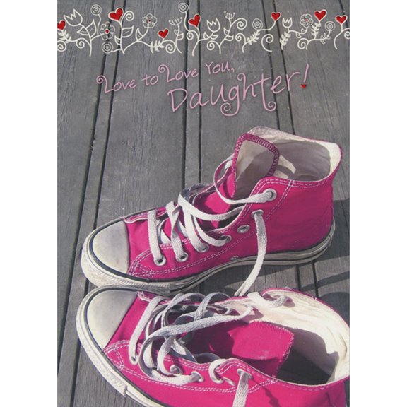 Designer Greetings Love to Love You, Daughter: Pink Sneakers on Wood Planks Valentine's Day Card for Teen / Teenage Daughter
