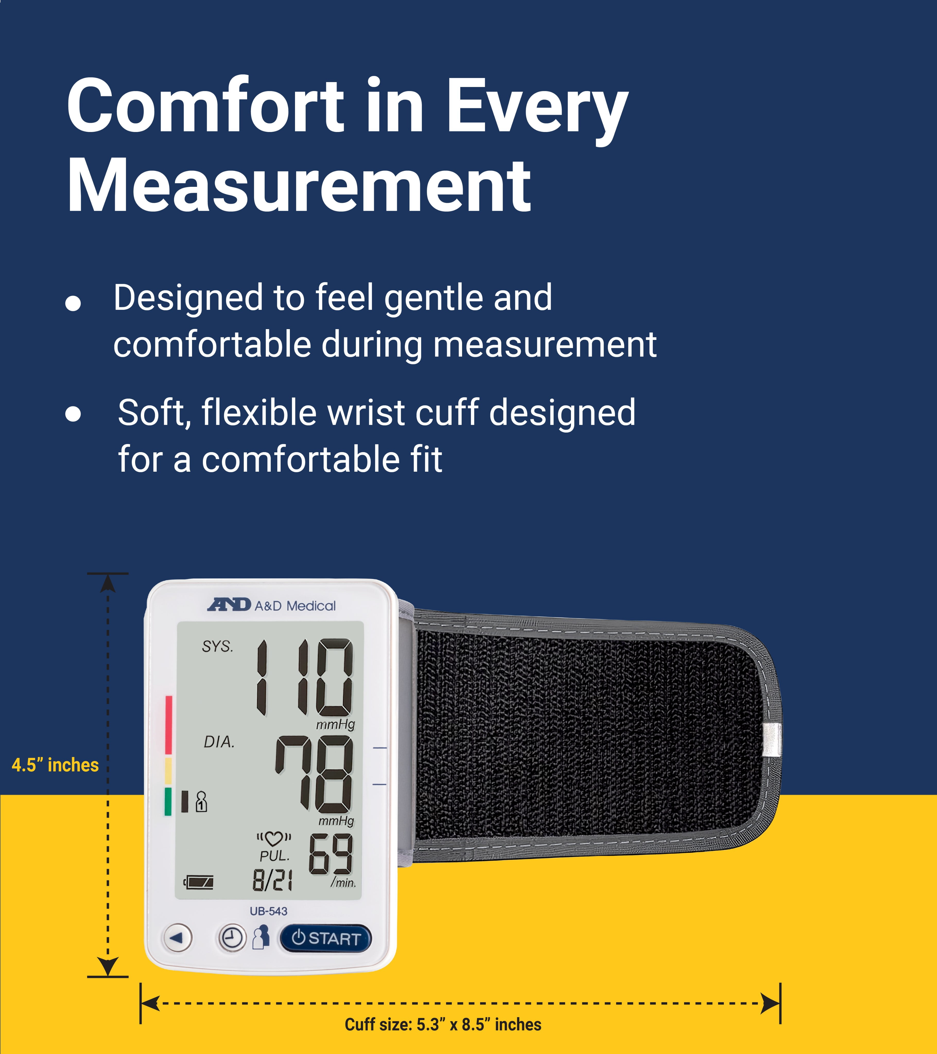 A&D Medical Bluetooth Blood Pressure Monitor, Wrist, Digital, Heart Rate Detection (UB-543)