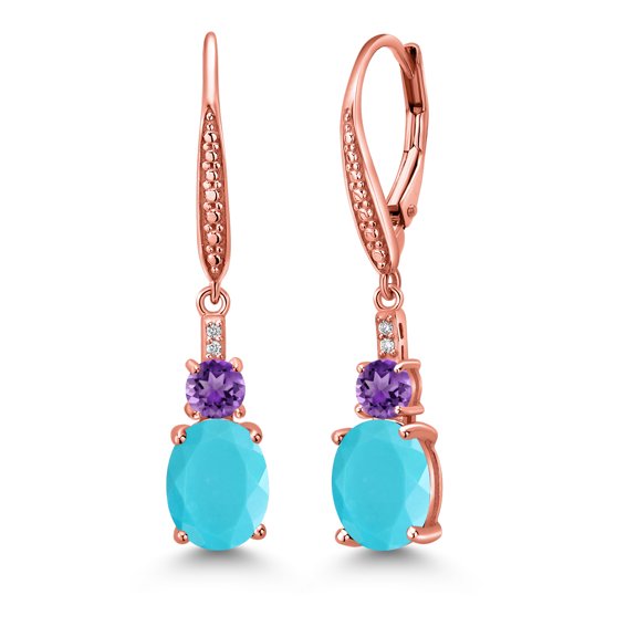 Gem Stone King 18K Rose Gold Plated Silver Green Turquoise and Purple Amethyst Dangle Earrings for Women with Lab Grown Diamond (3.53 Cttw, Oval 9X7MM)