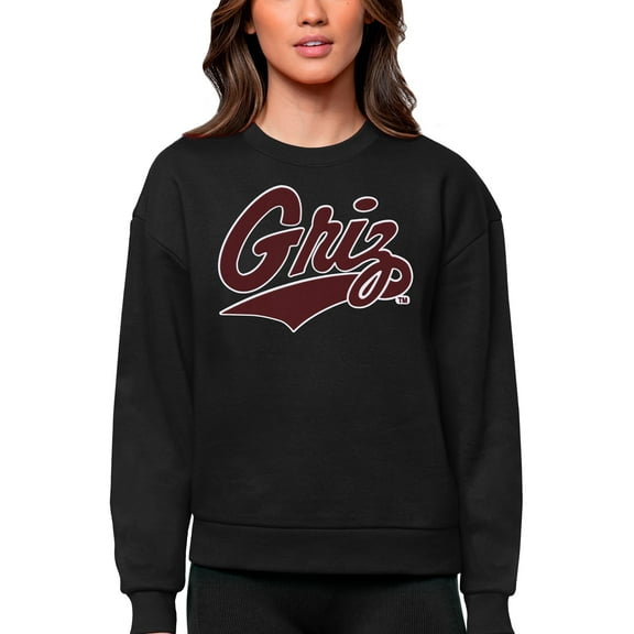 Women's Antigua Black Montana Grizzlies Victory Crewneck Pullover Sweatshirt