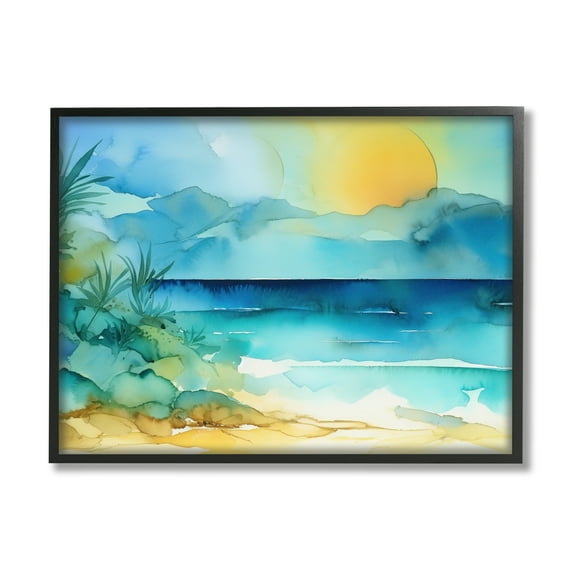 Stupell Industries Abstract Sun on Beach Landscape Painting Black Framed Art Print Wall Art, 14 x 11