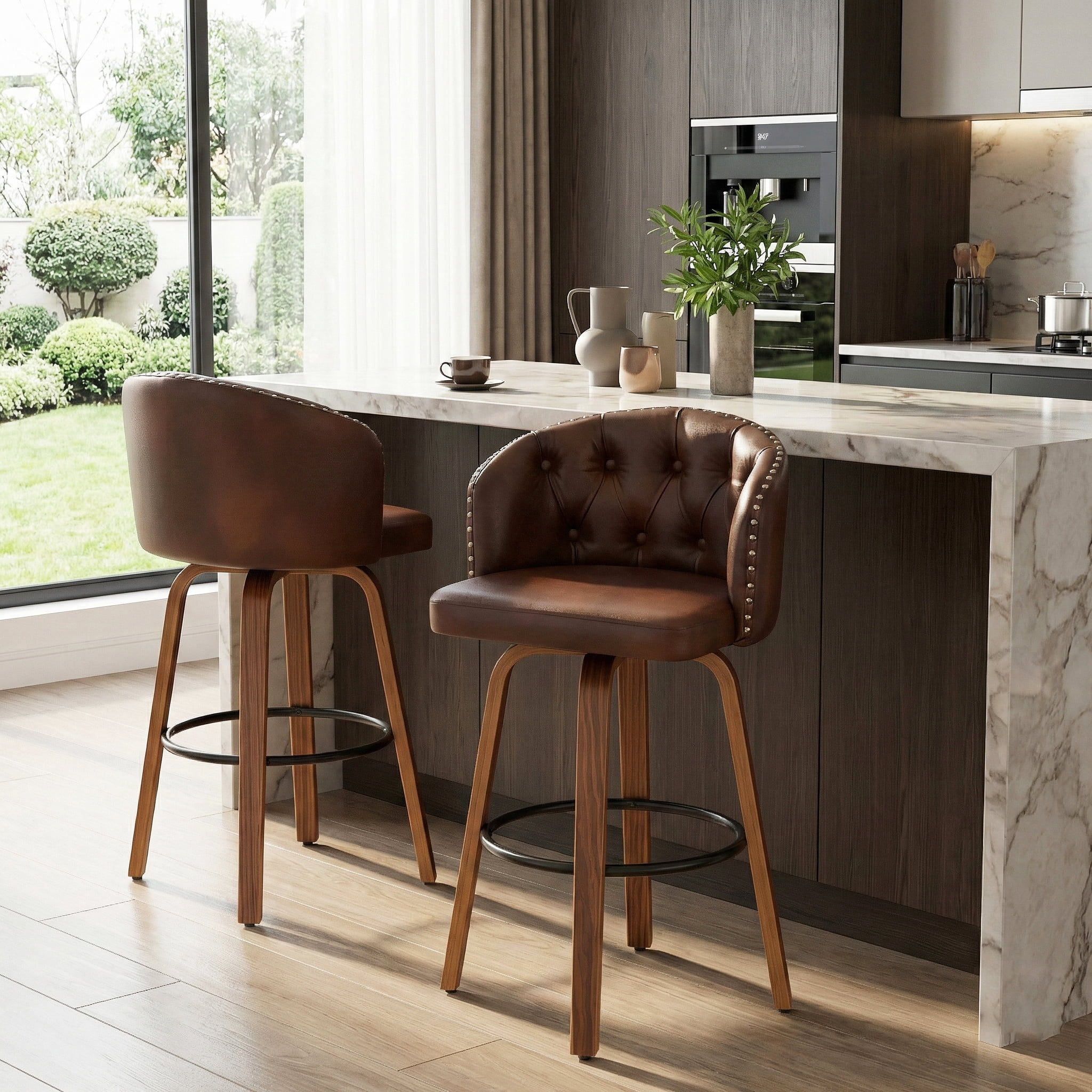Fahomiss 26" Swivel Counter Height Bar Stools with Back Set of 2, Brown Leather Kitchen Stools