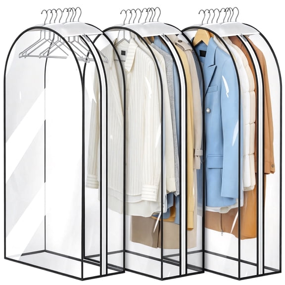3‑Pack Hanging Garment Bags, 50 Inch Clear Clothes Storage Cover with Mesh Top, Zipper Garment Protector for Suit Dress Coat Shirt, Closet Wardrobe Hanging Storage Organization