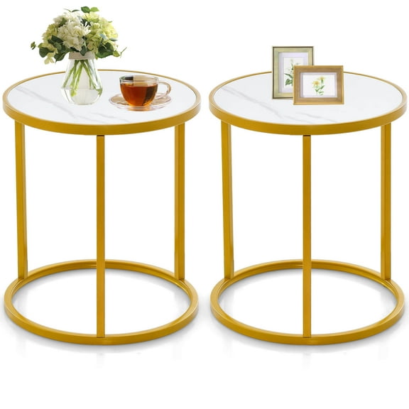 Amijoy 2PCS Marble Top Round Side Table 19.5"x19.5" End Table w/Golden Metal Frame Gold