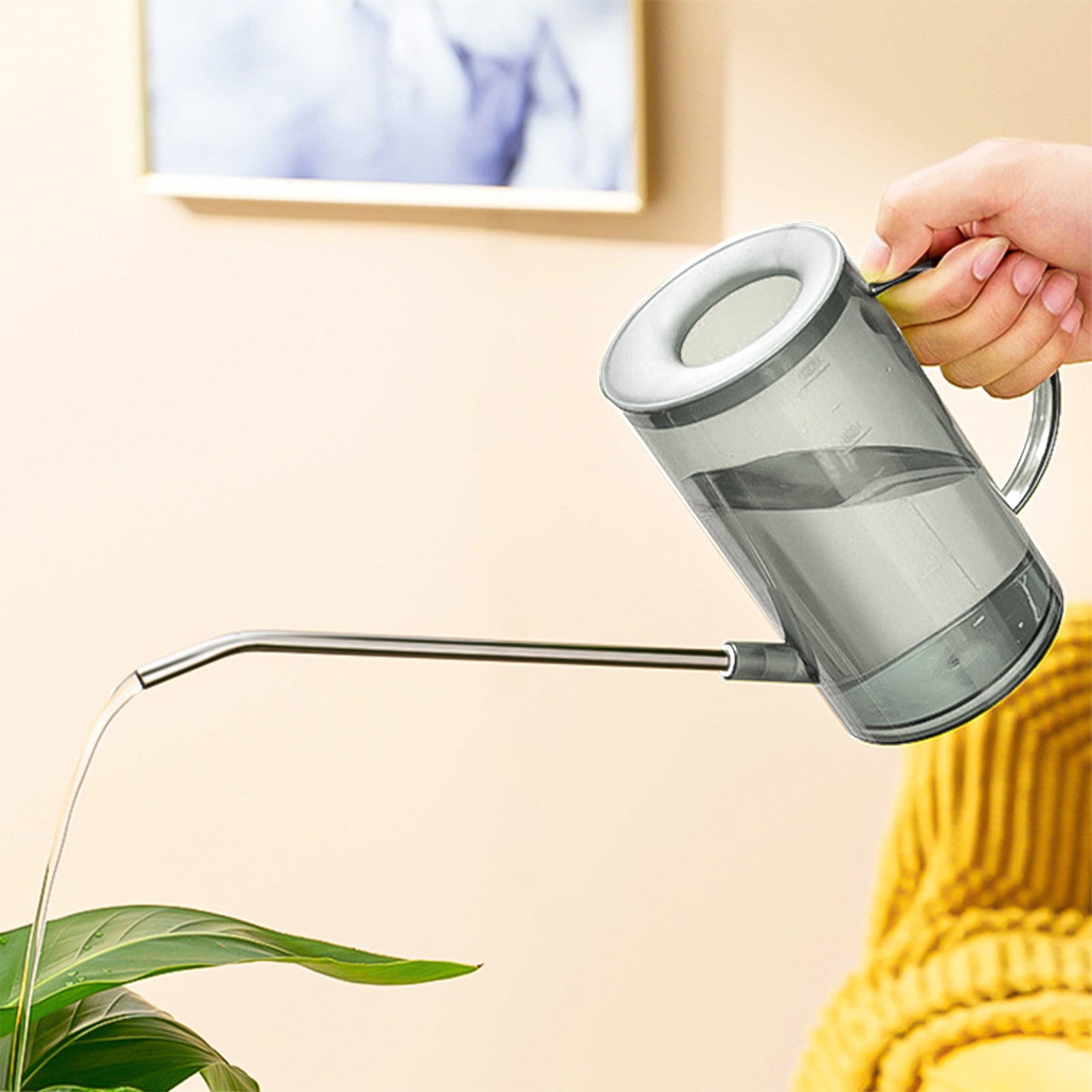 JoyHoop Durable Long Spout Watering Can, 1000ml Transparent Plastic with Ergonomic Handle for Indoor Plants, Gray, 1-Pack