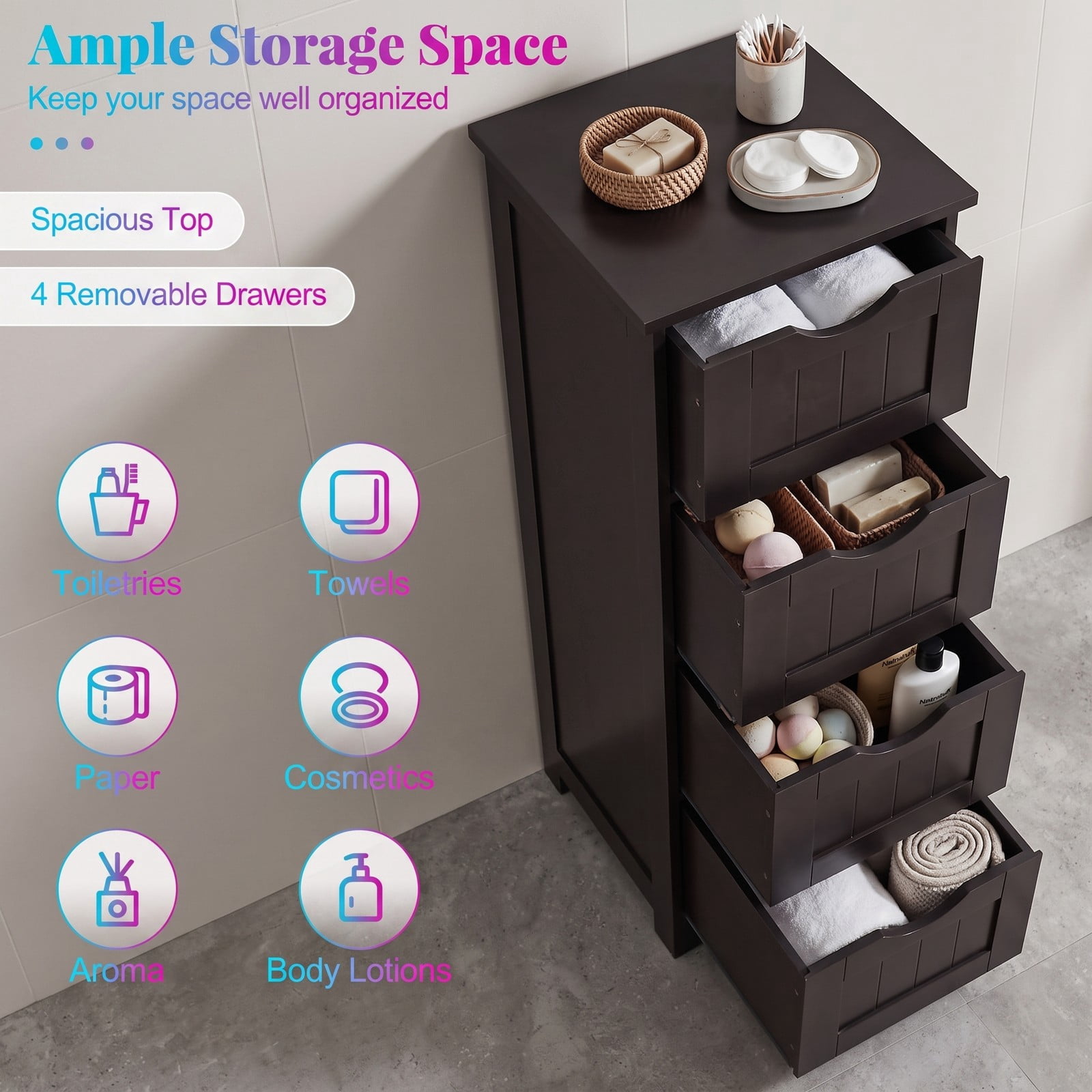 Fenbeli 4-Drawer Freestanding Floor Cabinet, Wooden Bathroom Storage Side Organizer with Anti-Toppling Device, Narrow Waterproof MDF Storage Tower for, Dark Brown
