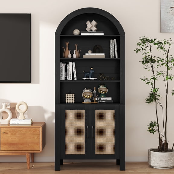 CQSXDA 71" Tall Arched Bookcase with Storage, Mid-Century Modern 6-Tier Arch Cabinet with Door and Open Shelf for Office Living Room