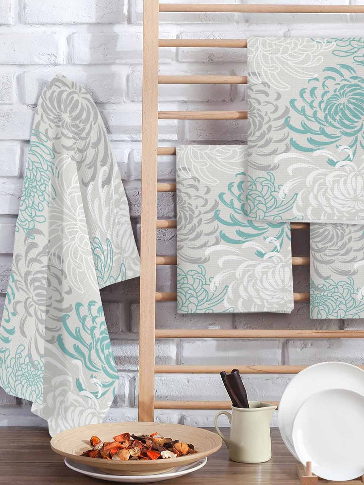 Aqua White Kitchen Dish Towels for Drying Dishes Set of 2, Abstract Grey Chrysanthemum Flower Floral Waffle Weave Microfiber Hand Tea Bathroom Towels Quick Dry & Absorbent Towel 15.7x23.6
