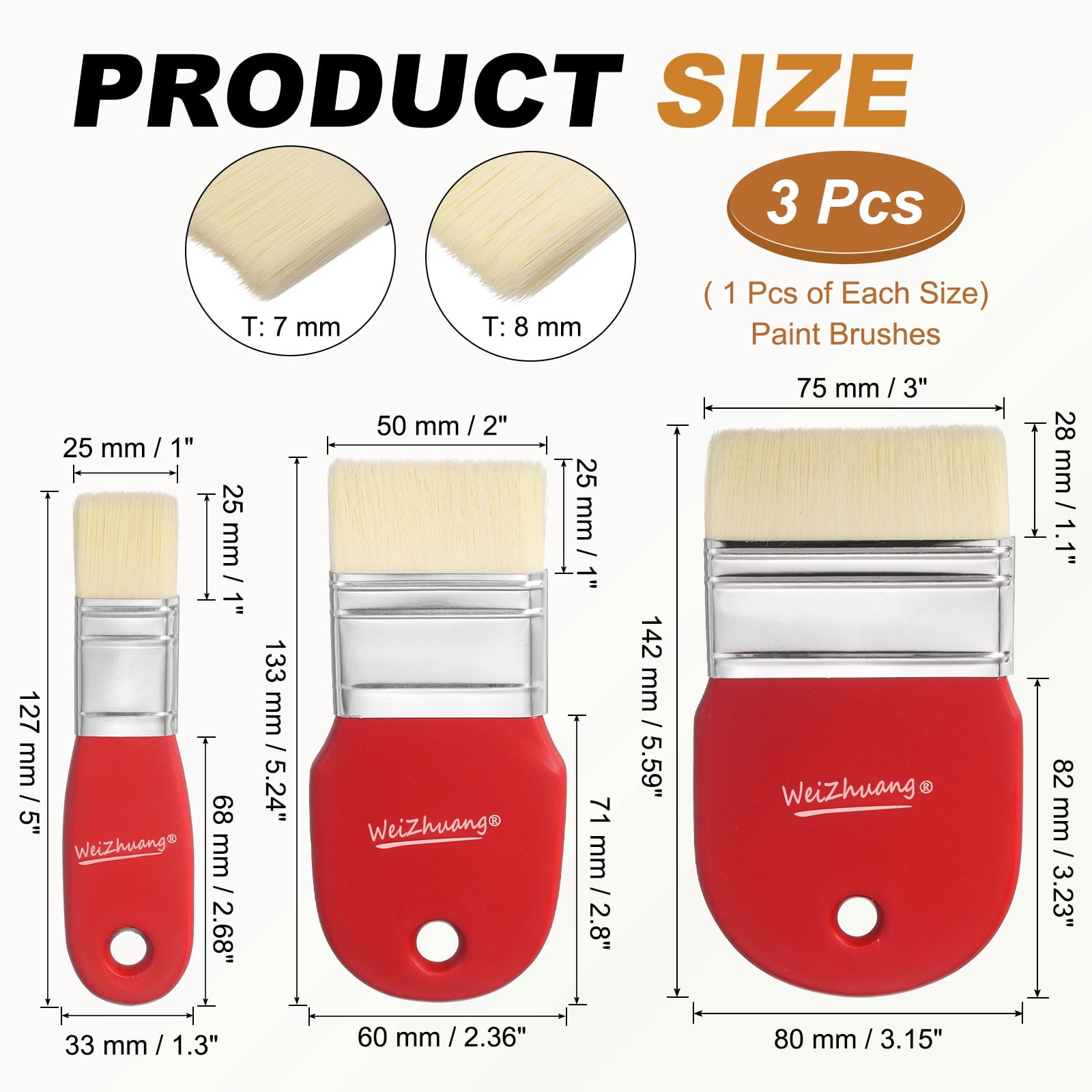 Uxcell 1"/2"/3" Width Flat Paddle Paint Brush, Nylon Bristle Painting Brushes with Short Wood Handle for Acrylic Oil Paint Varnishes Watercolor Painter, Red