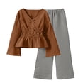 thumbnail image 2 of SGFCWSX Girls 2 Piece Outfits Bell Sleeve V Neck Peplum Tops Striped Wide Leg Pants Casual Clothes Set Brown Size 8, 2 of 8