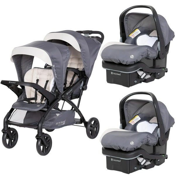 Baby Trend Sit N' Stand Double Stroller 2.0 and 2 EZ-Lift 35 Plus Car Seat Combo Set for Toddler & Infant, with 5 Point Safety Harness, Modern Khaki