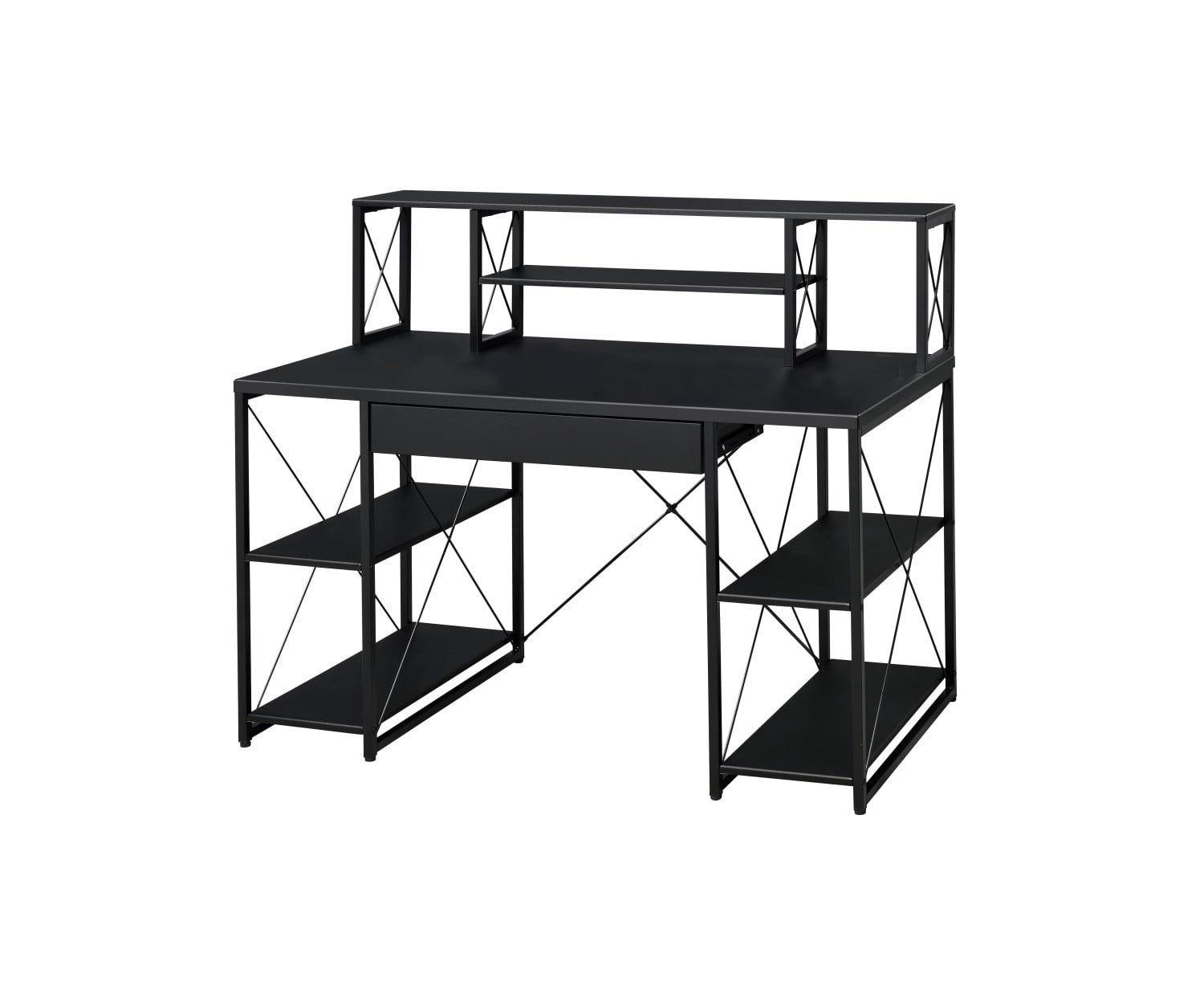 Modern Black Writing Desk with Storage Shelves, Computer Desk with Drawer & Metal Frame for Home Office Studio Gaming Setup