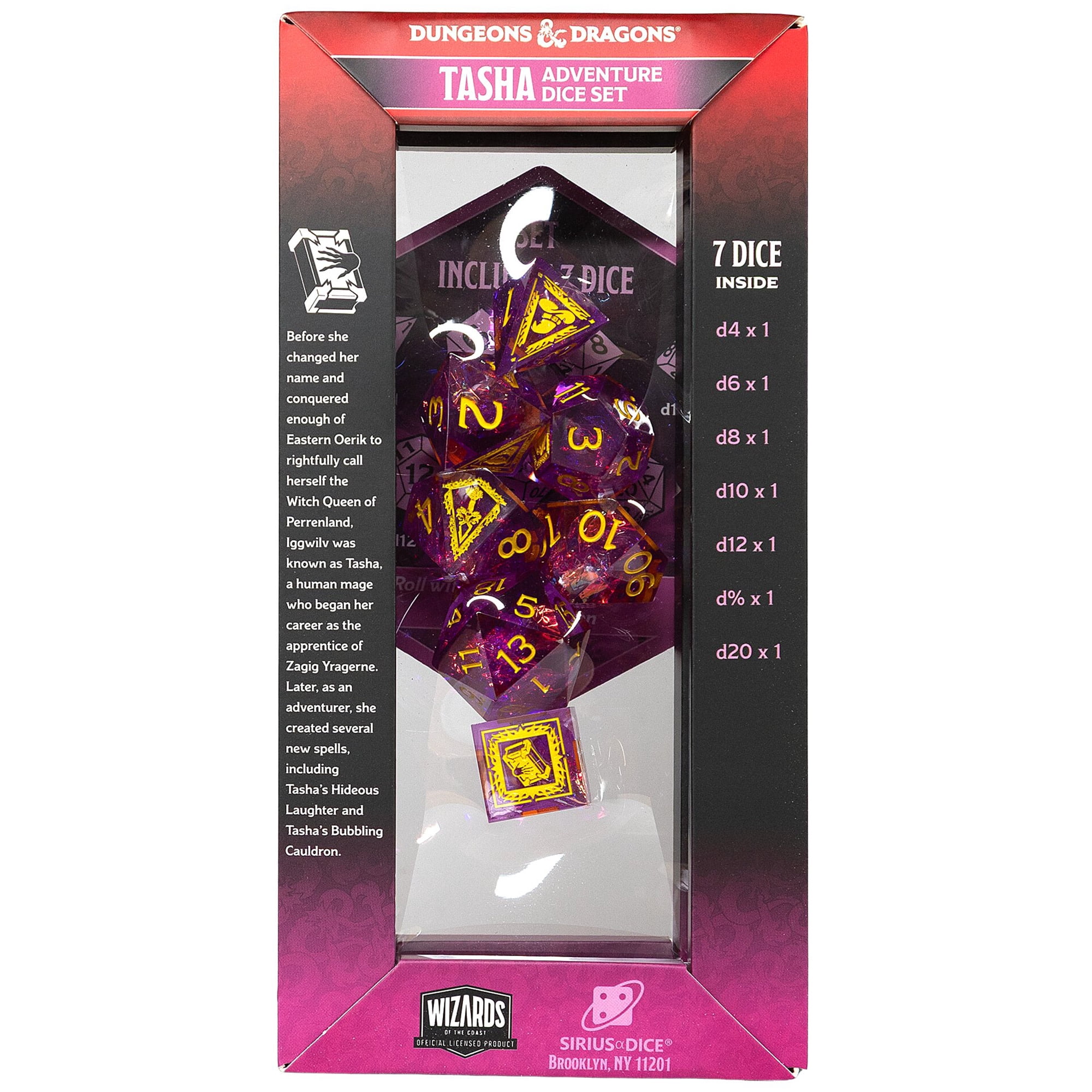 Dungeons & Dragons: D&D Adventure Dice: Tasha the Witch Queen – 7pc Purple & Yellow, RPG Character Die Set, Sharp-Edged, Collectible, Sirius Dice