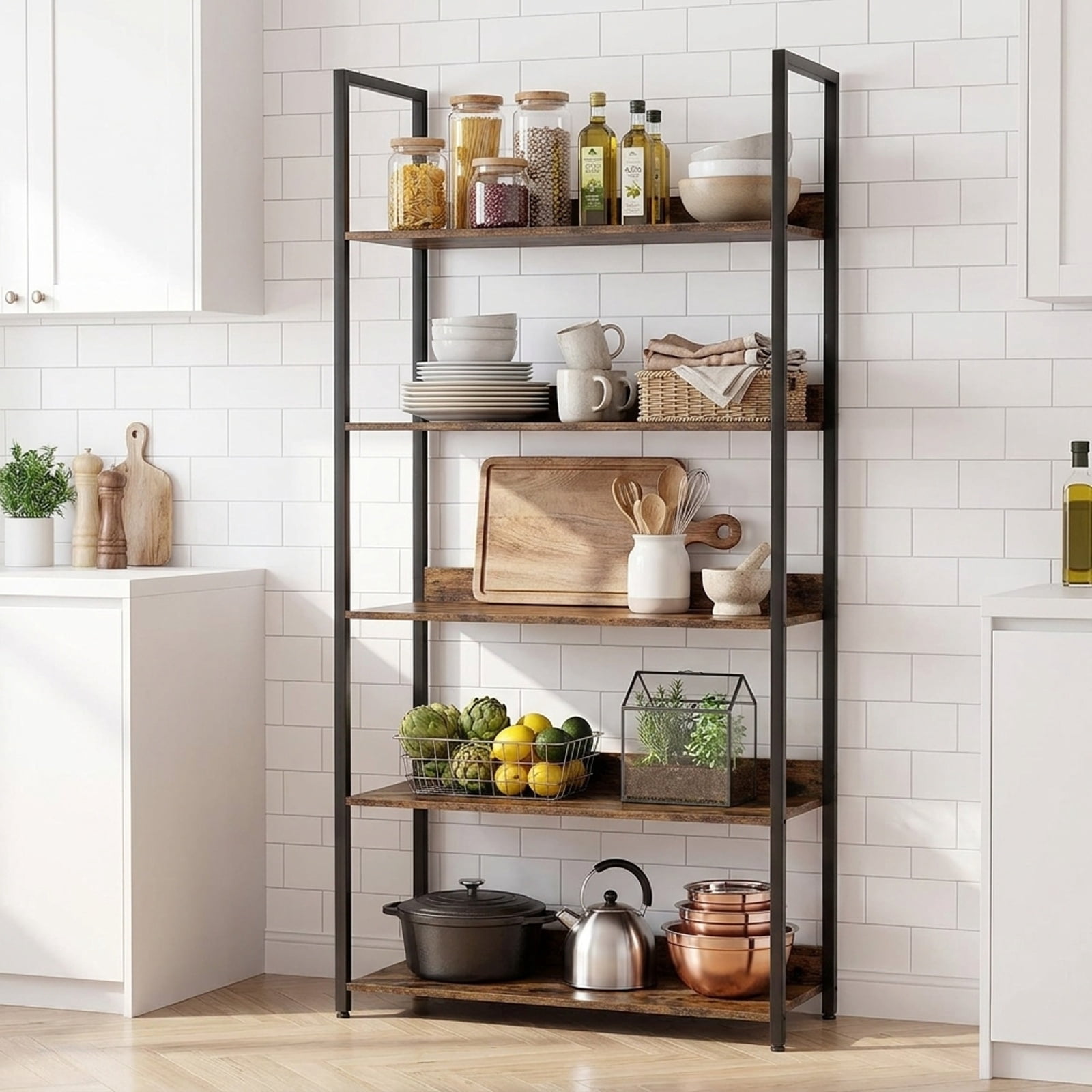 Furnibear 5-Tier Bookshelf Tall Wooden Open Bookcase with Back Panels for Living Room Home Office Bedroom Display Storage Shelf, Rustic Brown