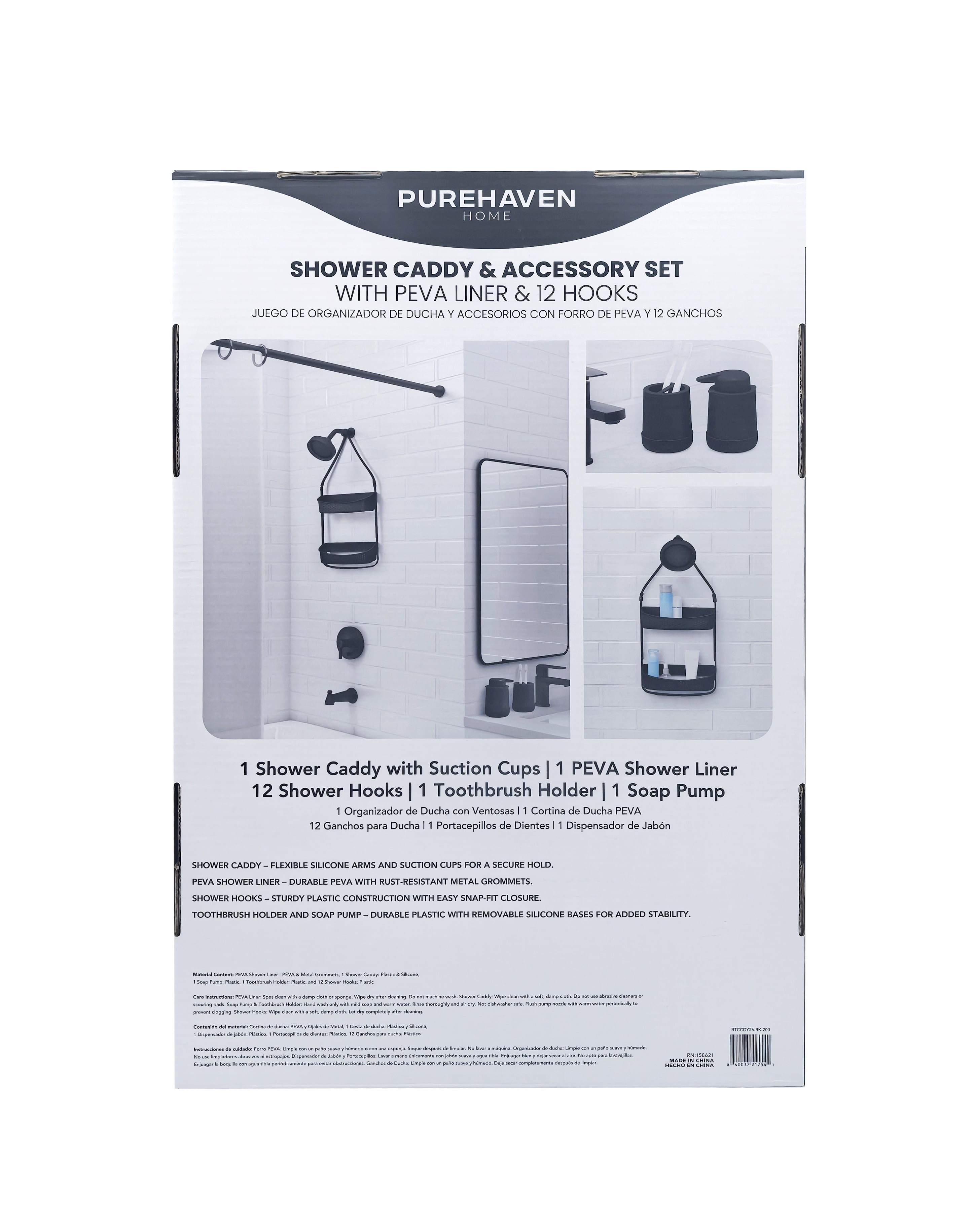 Purehaven Home Shower Caddy and Bath Accessory Set for College Dorms and Apartments, Black