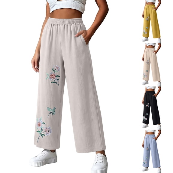 Tbopshirt Pants for Women Elastic Waist Floral Embroidery Wide Leg Capri Pants Side Pockets Textured Casual Trousers,Beige,M-4XL