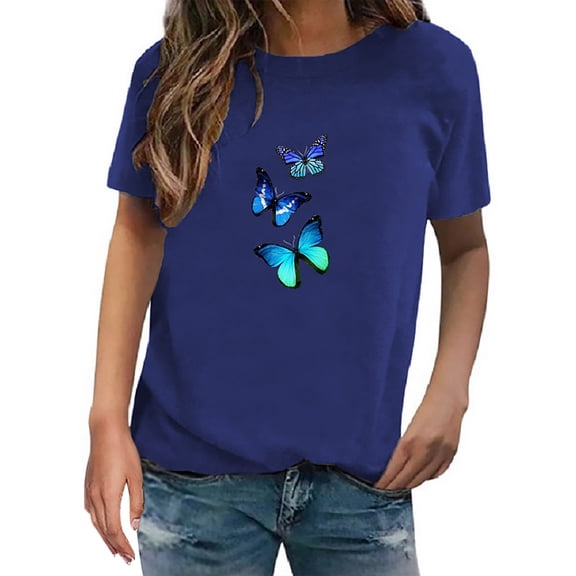 LowProfile Shirts for Women Plus Size Short Sleeve Casual Tops Fashion Trend Butterfly Print Round Neck Top T-Shirts