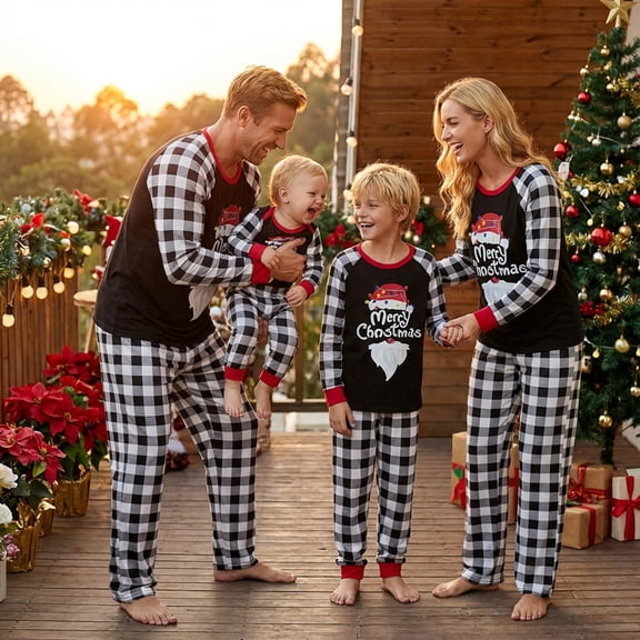 AIGUR Family Matching Christmas Pajamas, Letter Santa Hat Print Long-Sleeved Round Neck Tops   Plaid Pattern Trousers Sleepwear
