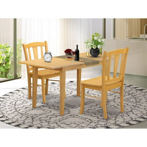 NFDL3-OAK-W - 3-Piece Dining Room Table Set- 2 Wooden Chairs with Wooden Seat and Slatted Chair Back - Butterfly Leaf Rectangular Table - Oak Finish