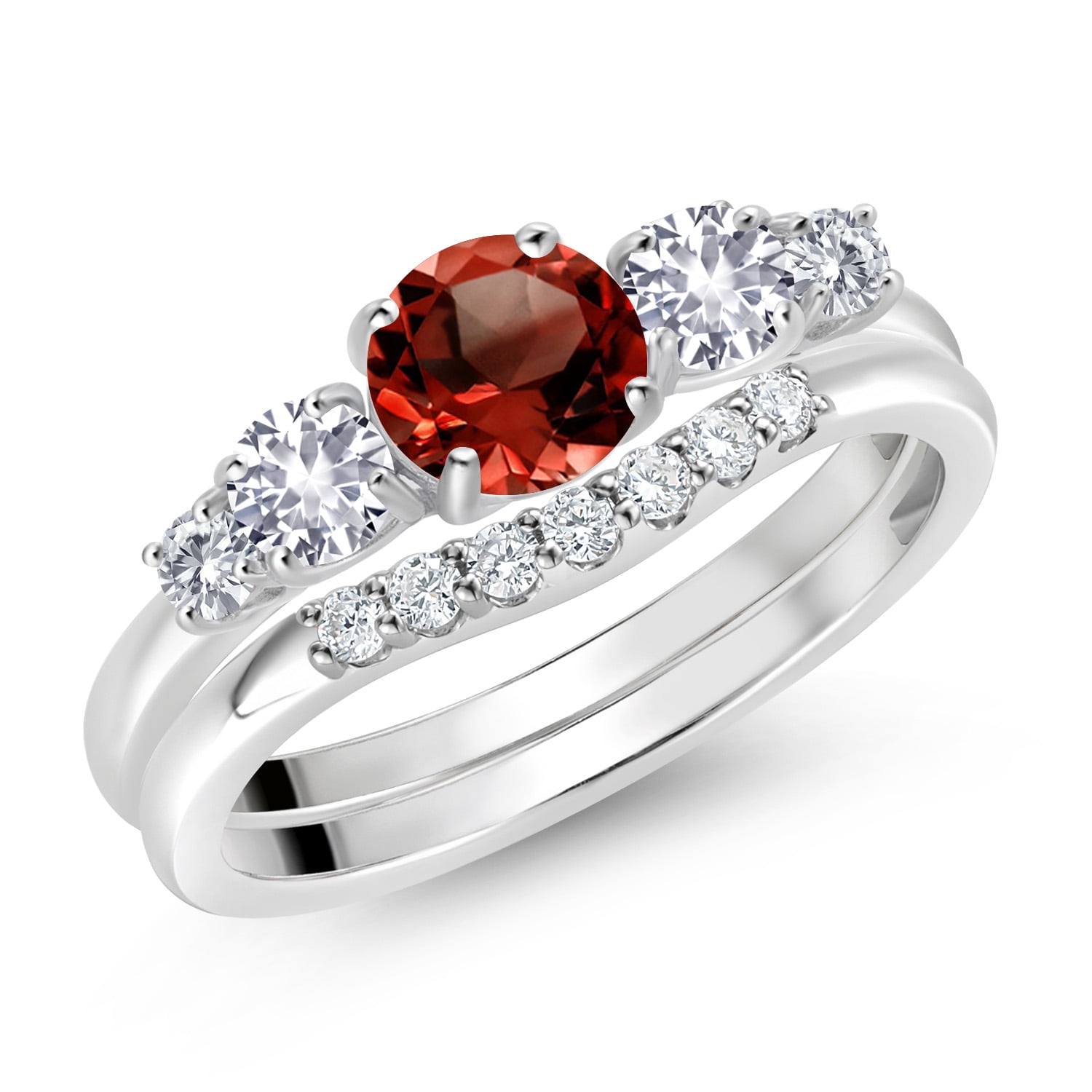 Gem Stone King 10K White Gold Red Garnet White Created Sapphire and White Lab Grown Diamond 5 Stone Bridal Engagement Wedding Ring Set for Women | 1.37 Cttw | Round: 5MM and 3MM | Size 5-9 | Size 8