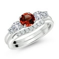 thumbnail image 2 of Gem Stone King 10K White Gold Red Garnet White Created Sapphire and White Lab Grown Diamond 5 Stone Bridal Engagement Wedding Ring Set for Women | 1.37 Cttw | Round: 5MM and 3MM | Size 5-9 | Size 7, 2 of 6
