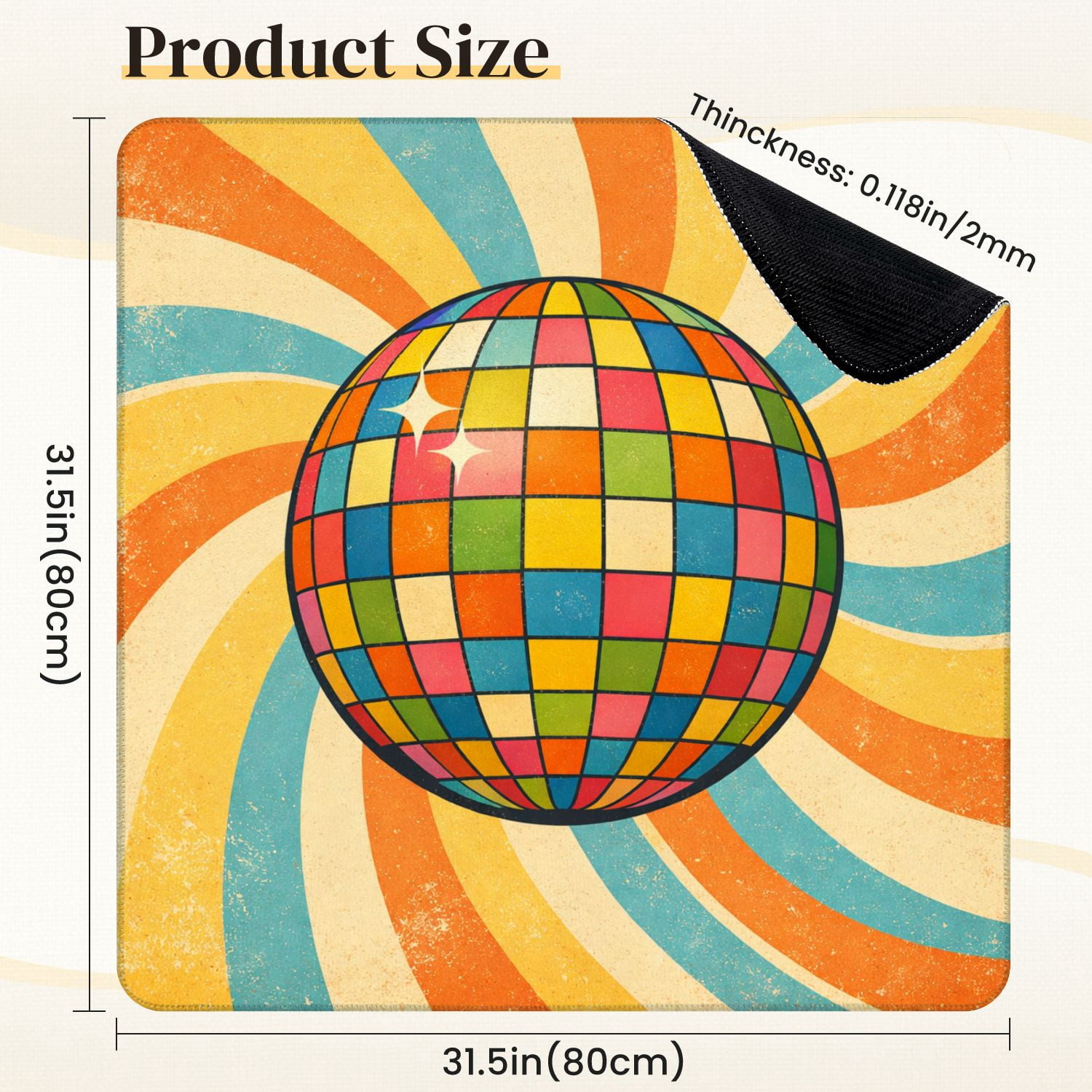 Mahjong Mat 31.5" x 31.5" Colorful Disco Ball Retro Swirl Non-Slip Noise Reduction Mahjong Tiles Table Cover for Dominoes Poker Card Board and Tile Games