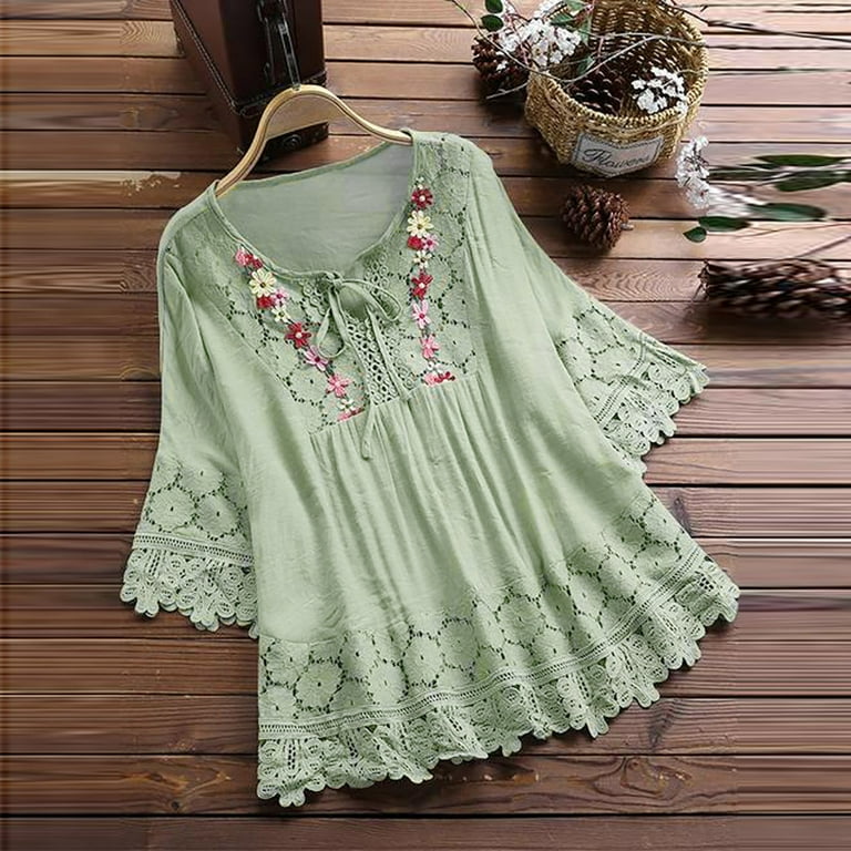 FINALGANG New T-Shirt For Women Flower Print O-Neck 3/4 Sleeve