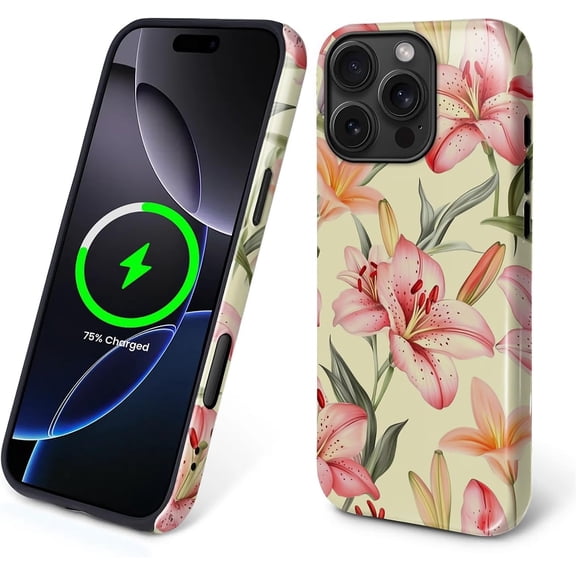 Magnetic Case for iPhone 16 Pro, Compatible with Magsafe, PC Hard Shell Silicone Inner Bumper, Anti-Scratch Full-Body Cover Shockproof Slim Case for iPhone 16 Pro - Hand Painted Lily