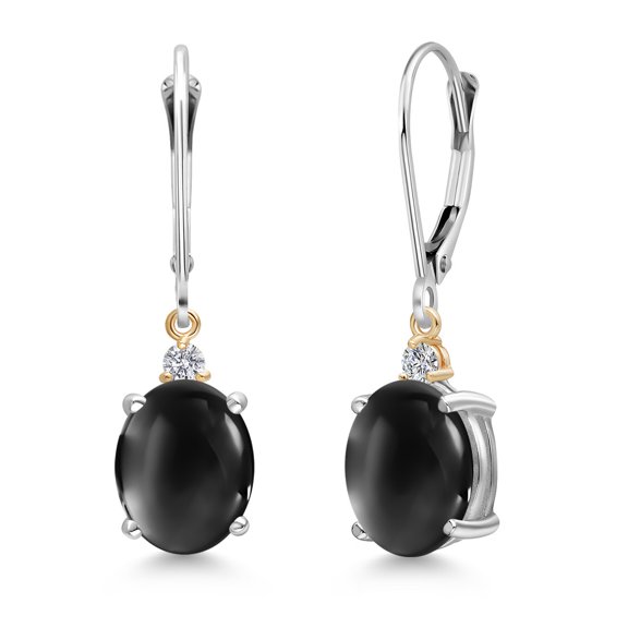 Gem Stone King 925 Silver and 10K Yellow Gold Black Onyx and Lab Grown Diamond Dangle Earrings for Women | 5.33 Cttw | Gemstone December Birthstone | Oval Cabochon 10X8MM