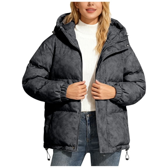 JGGSPWM Womens Puffer Jacket with Hood,Oversized Full Zip Quilted Winter Warm Coats Loose Long Sleeve Casual Outerwear Black L