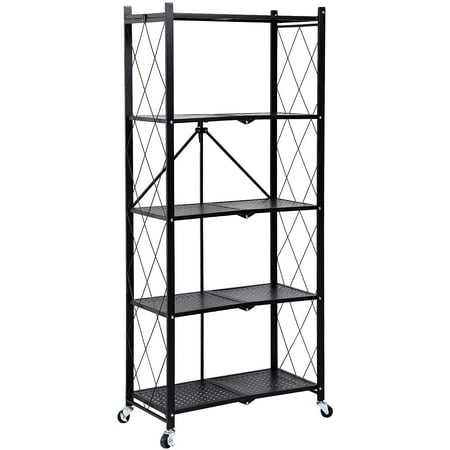 

Petsdo 5-Tier Heavy Duty Foldable Metal Rack Storage Shelving Unit with Wheels Moving Easily Organizer Shelves Great for Garage Kitchen Holds up to 1250 lbs Capacity Black