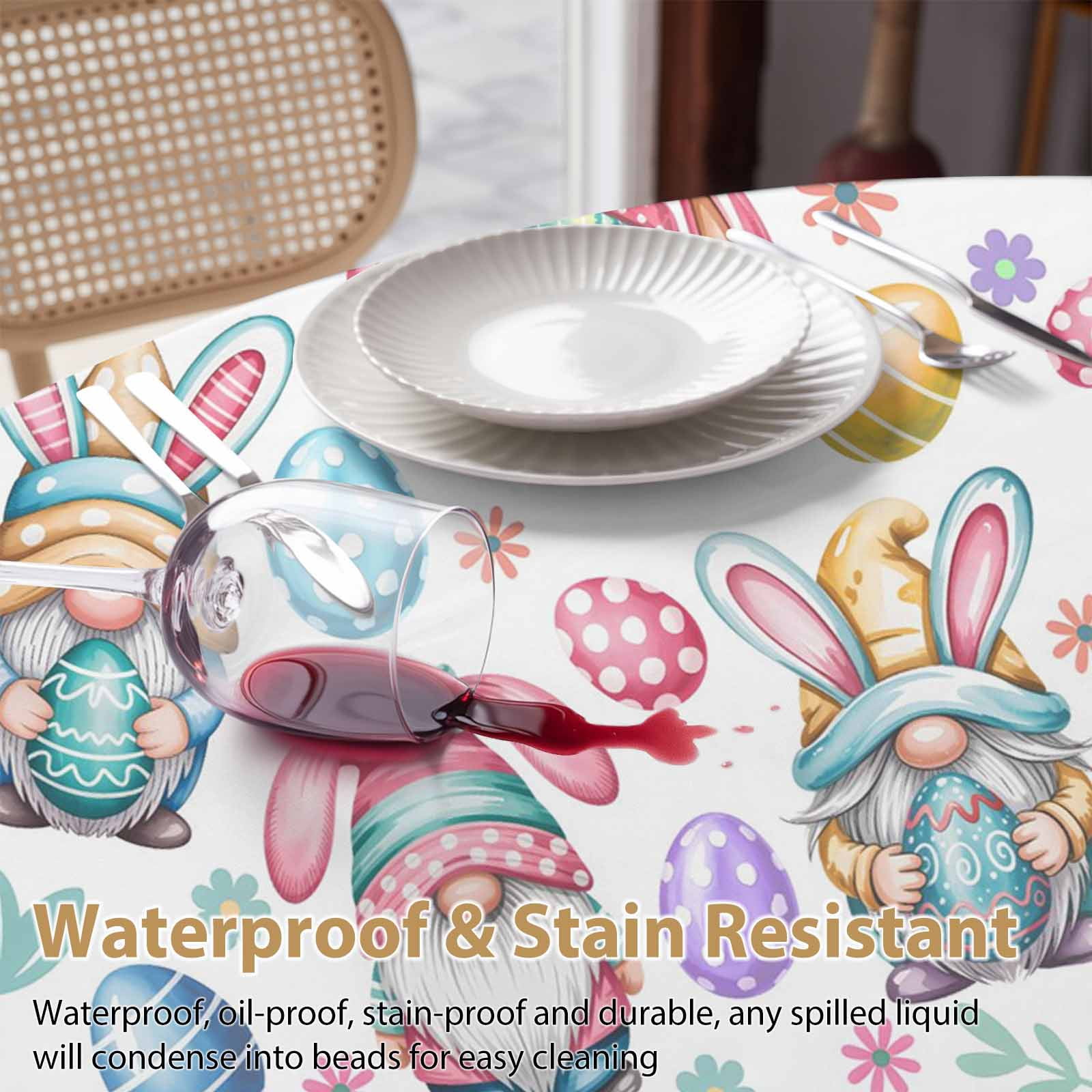 Round Tablecloth Easter Gnomes Pattern Waterproof Oil Proof Polyester Table Cloth Cover Decor for Home Dining Outdoor,Patio,Parties, 54" Dia. White