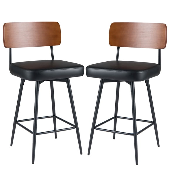 Costway 27” Padded Counter Barstools Set of 2 with Wooden Backrest & Metal Legs, Footrest Black