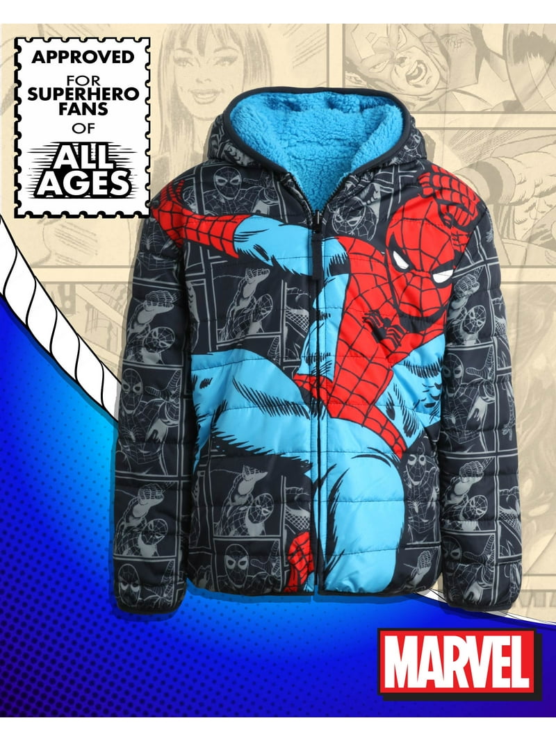 Marvel Boys Puffer Jacket - Avengers Spider-Man Sherpa Fleece