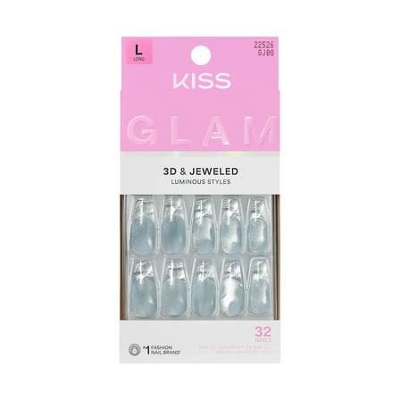 KISS GLAM 3D & Jewel Press On Nails , ‘Seraphic’, Blue, Long Coffin Shaped, 32 Count