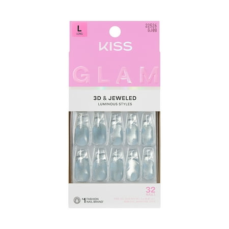 Kiss Glam 3D & Jeweled Long Coffin Press-On Nails, Blue, 32 Pieces