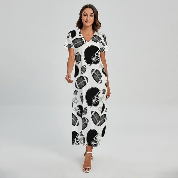 Black And White American Football Printed Short Sleeve Maxi Dress, American Flag Fashion Summer Maxi Dress For Women. Gifts For Us Independence Day, 4Th Of July