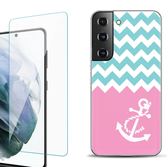 Slim-Fit Fashion Gel Phone Case for Samsung Galaxy S22  5G / S22 Plus 5G, with Tempered Glass Screen Protector, by OneToughShield ® - Chevron/Anchor