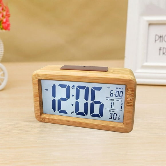 Digital alarm clock radio alarm clock table clock solid wood waterproof alarm clock with thermometer, calendar and snooze function - bamboo