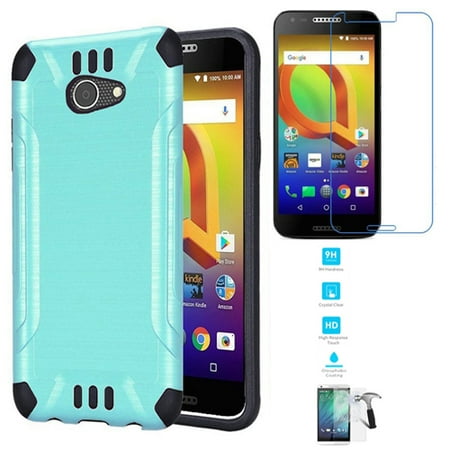 Phone Case For Alcatel Zip, Consumer Cellular Alcatel Kora, Alcatel A30 (Verizon) Tempered Glass Screen with Brush Dual-Layered Cover (Combat Brush Teal-Black TPU/ Tempered Glass