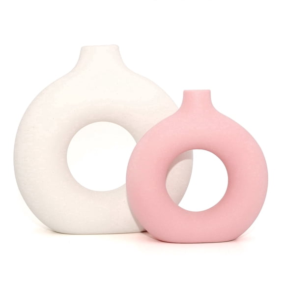 Style-Carry 2 Pack Ceramic Donut Vases for Decor, Modern Vase Set, Decorative Vase for Flowers, Home Decor Accents for Coffee Table, Living Room(White and Pink)