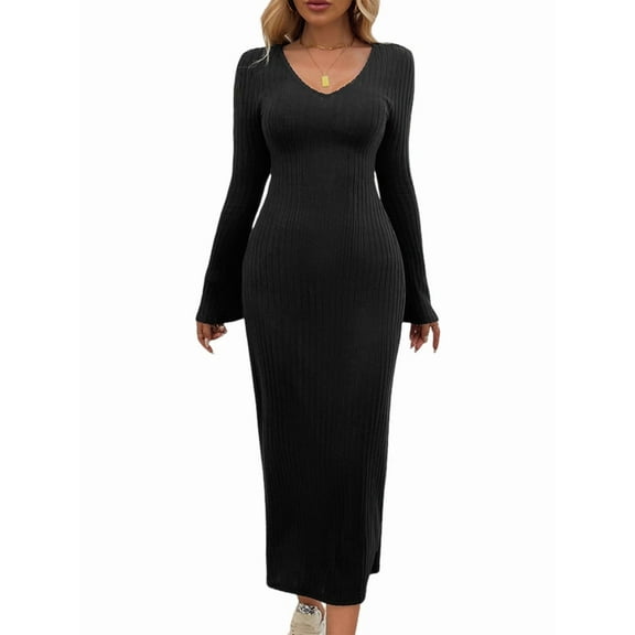 Womens V Neck Casual Knitted Long Sleeve Maxi Dress Slim Fit Ribbed Out Fall Winter Fashion Clothes
